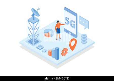 Conceptual template with cell tower and smartphone. Scene for 5G technology standard for digital cellular networks, mobile devices, broadband Internet Stock Vector