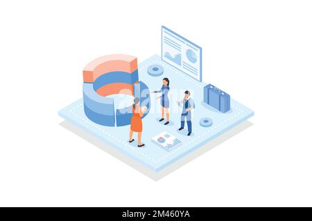 Conceptual template with group of people analyzing round chart. Scene for team of analysts working on data analysis project, statistical research, iso Stock Vector