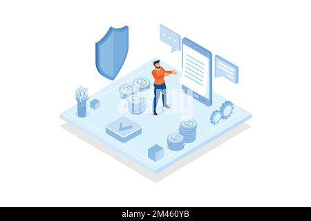 Conceptual template with man looking at paper invoice laying on smartphone. Scene for electronic receipt sent via online mobile application, isometric Stock Vector