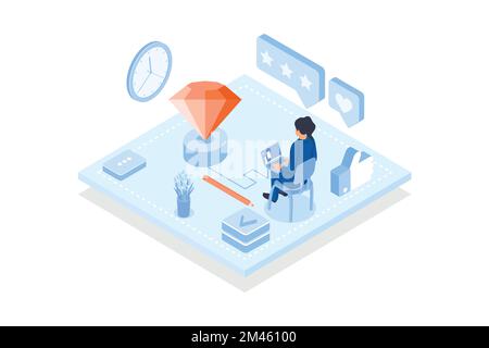 Conceptual template with woman working on keyboard connected to platform with diamond. Scene for creation of quality design, creative process, isometr Stock Vector