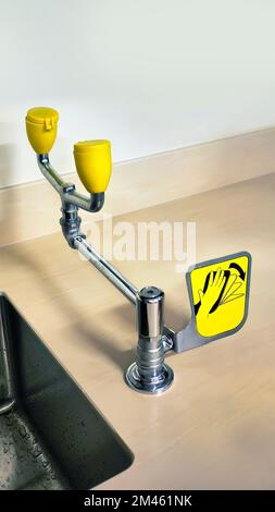 Stainless Emergency Eye Wash in yellow color installed on the counter near wash basin in the room Stock Photo