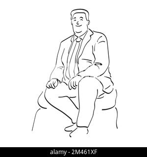 line art fat businessman sitting with smile illustration vector hand drawn isolated on white background. Stock Vector