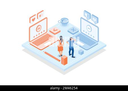 Conceptual template with man and woman looking at laptop computers with five star rating. Scene for user feedback page, positive review, Stock Vector