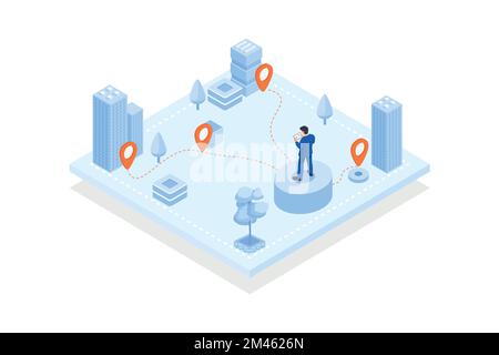 Conceptual template with man with smartphone standing on city street and network of map pins. Scene for technology for location search, navigation app Stock Vector