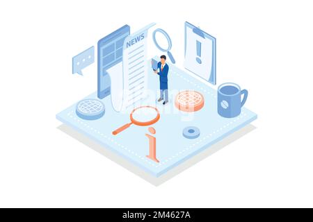 Conceptual template with newspaper on smartphone and magnifying glass. Scene for mobile application for reading news, subscription to newsletter, isom Stock Vector