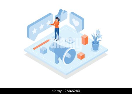 Conceptual template with person, speech bubble with golden stars and megaphone. Scene for customer feedback, positive user's review, quality ranking o Stock Vector