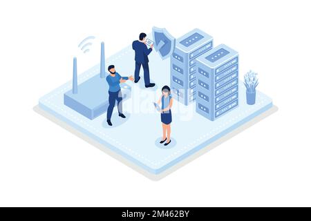 Characters using Cyber Security Services to Protect Personal Data. Online Payment Security, Cloud Shared Documents, Server Security and Data Protectio Stock Vector