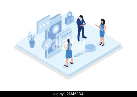 Characters using Cyber Security Services to Protect Personal Data. Online Payment Security, Cloud Shared Documents, Server Security and Data Protectio Stock Vector