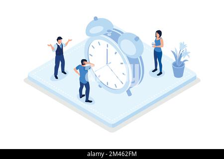 Time management and schedule planning scenes. Characters managing work and life time, organizing daily tasks and putting mark on calendar, isometric v Stock Vector