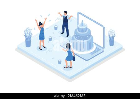 People celebrating birthday party, Characters standing near birthday cake, isometric vector modern illustration Stock Vector