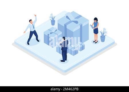 People celebrating birthday party, characters receiving gifts, isometric vector modern illustration Stock Vector