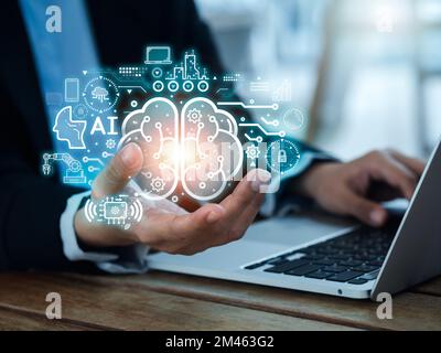 Artificial Intelligence concept (AI). Futuristic virtual graphics of digital brain circuit, management processes systems, machines elements technology Stock Photo