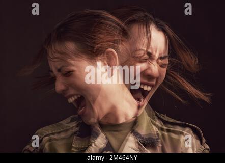 PTSD, depression and military woman with mental health problem, horror screaming and stress from war on black background in studio. Bipolar, anxiety Stock Photo