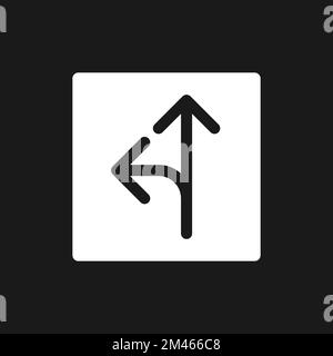 Straight and turn left traffic sign dark mode glyph ui icon Stock Vector
