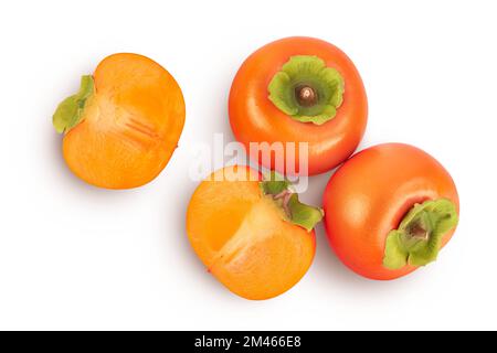 Persimmon fruit isolated on white background with full depth of field. Top view. Flat lay Stock Photo