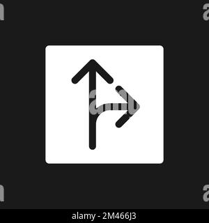Straight and turn right traffic sign dark mode glyph ui icon Stock Vector