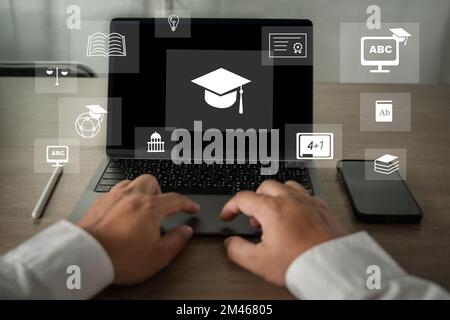 person training e-learning education class concept, learning online with webinar on computer laptop Stock Photo