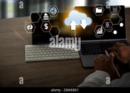 Cloud technology man use Laptop technology load cloud computing internet to Networking communication on Data storage Stock Photo