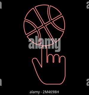 Neon basketball ball spinning on top of index finger red color vector illustration image flat style light Stock Vector
