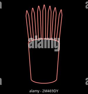 Neon pencils in glass stands upright office supplier concept Work place red color vector illustration image flat style light Stock Vector