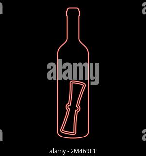 Neon bottle with letter Message concept Folded scroll document in old container red color vector illustration image flat style light Stock Vector