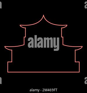 Neon chinese house silhouette Traditional Asian pagoda Japanese cathedral Facade red color vector illustration image flat style light Stock Vector