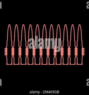 Neon bullets in row belt Machine gun cartridges Bandoleer War concept red color vector illustration image flat style light Stock Vector