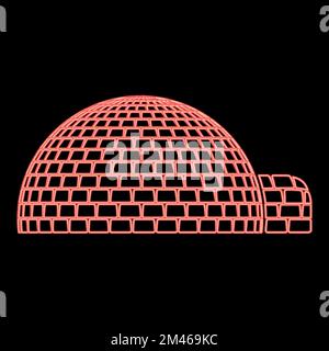 Neon igloo dwelling with icy cubes blocks Place when live inuits and eskimos Arctic home Dome shape red color vector illustration image flat style Stock Vector