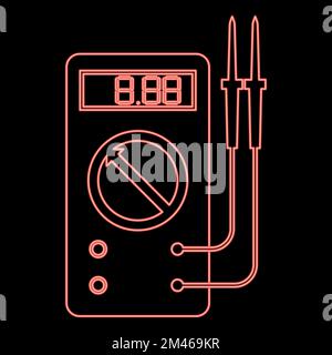 Neon digital multimeter for measuring electrical indicators AC DC voltage amperage ohmmeter power with probes red color vector illustration image Stock Vector
