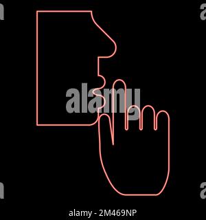 Neon keep silence concept Man shows index finger quietly Person closed his mouth Shut his lip Shh gesture Stop talk please theme Mute red color Stock Vector