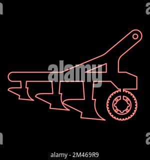 Neon plow for cultivating land before sowing farm products Tractor machanism equipment Industrial device red color vector illustration image flat Stock Vector