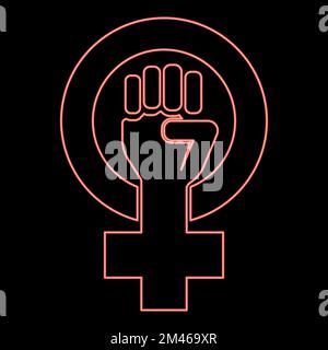 Neon symbol of feminism movement Gender women resist Fist hand in round and cross red color vector illustration image flat style light Stock Vector