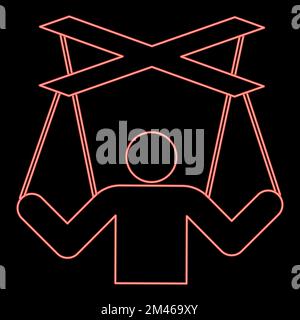 Neon human manipulation concept Puppet stick man manipulating on string Dependence theme Control people Management executive idea red color vector Stock Vector