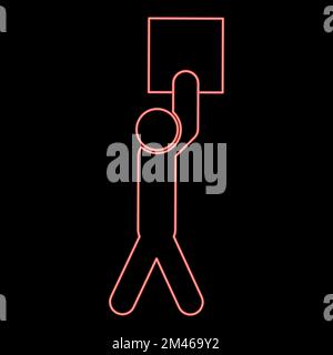 Neon man carries load in his arms above himself Stick work on delivery parcel red color vector illustration image flat style light Stock Vector