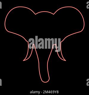 Neon head of elephant silhouette mascot front view African or Indian animal red color vector illustration image flat style light Stock Vector