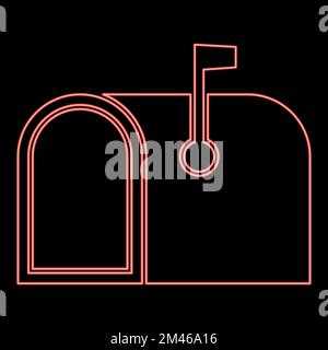 Neon american mail box with flag Pillar-box Postbox red color vector illustration image flat style light Stock Vector