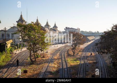 Platforms and tracks in front of the Yangon Central Railway Station in Myanmar (Burma). Stock Photo