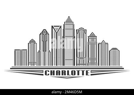 Vector illustration of Charlotte, monochrome horizontal poster with linear design famous charlotte city scape, urban line art concept with decorative Stock Vector