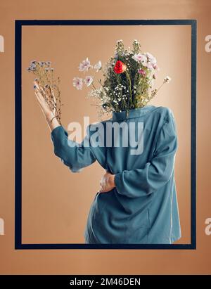 Flower, abstract and aesthetic woman in art deco frame for fashion, floral and surrealism for pop art studio background. psychedelic model with Stock Photo