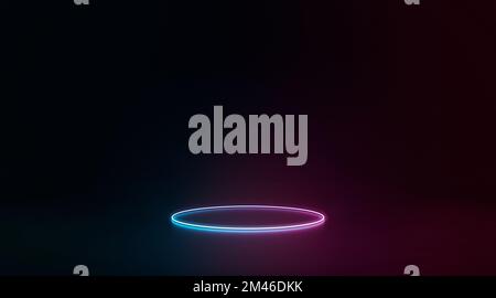 Neon colored glowing circle frame lying in darkness, 3d rendering. Electronic illuminated disk or circular platform on floor. Luminous diode ring stag Stock Photo