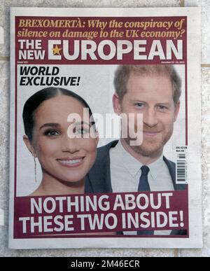 Harry and Meghan, newspaper headlines. Netflix released a documentary series in December 2022. Front Page  Prince Harry and American actress Meghan Markle front page news in The New European newspaper.  December 15th 2022. World Exclusive! Nothing About These Two Inside! The Netflix two part six episode documentary had just been broadcast and every newspaper and media outlet were talking about this couple. December 2020s HOMER SYKES Stock Photo