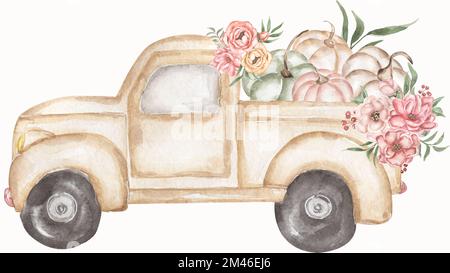 Watercolor old style transport with pumpkins and peony, cotton and greenery elements set clipart, transportation and delicate flowers illustration in Stock Photo