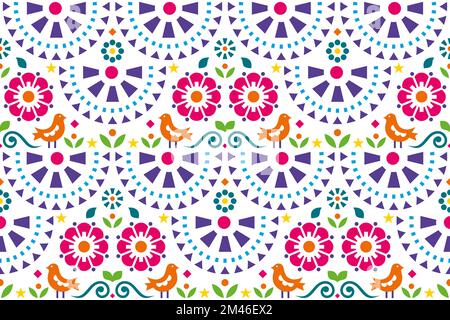 Mexican folk art style vector seamless pattern with birds, flowers and leaves, repetitive vibrant ornament Stock Vector