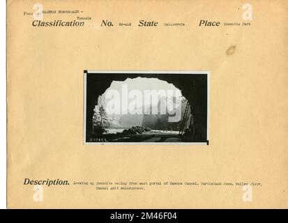 Wawona Tunnel view. Original caption: Looking up Yosemite Valley from east portal of Wawona Tunnel, Turtleback Dome, Valley Floor, Tunnel Adit enlargement. State: California. Place: Yosemite National Park. Stock Photo