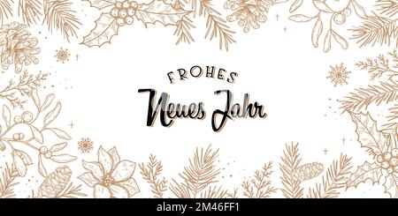 Cute hand drawn New Years banner with fireworks and German type saying "Happy New Year", great for banners, cards, invitations Stock Vector