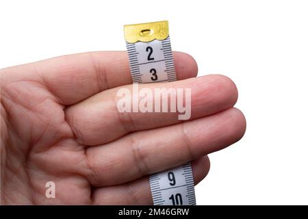 Measure tape ruler isolated on white background. Metric measurement. Yellow carpenter measuring tape. Stock Photo