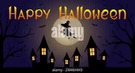 Halloween card. Witch flying over town. Vector illustration. Stock Vector