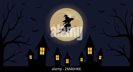 Witch flying on broom over night town. Vector illustration. Stock Vector