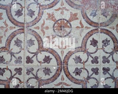 Old dirty vintage ceramic floor tile background top view. Stock Photo