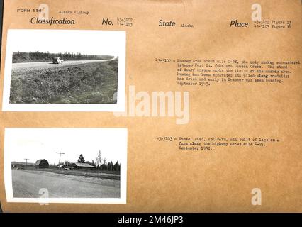 Muskeg area about mile D-28; House, shed and barn, all built of logs on a farm along the highway about mile D-27. Original caption: 43-3102 - (Figure 13) Muskeg area about mile D-28, the only muskeg encountered between Fort St. John and Dawson Creek. The stand of dwarf spruce marks the limits of muskeg arear. Muskeg has been excavated and piled along roadside; has dried and early in October was seen burning. September 1943. Original caption: 43-3103 - (Figure 14) House, shed and barn, all built of logs on a farm along the highway about mile D-27. September 1943. State: Alaska. Stock Photo